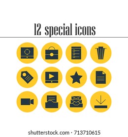 Vector Illustration Of 12 Web Icons. Editable Pack Of Video Camera, Document, Messages And Other Elements.