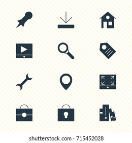 Vector Illustration Of 12 Web Icons. Editable Pack Of Maximize, Magnifier, Play Button And Other Elements.