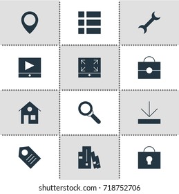 Vector Illustration Of 12 Web Icons. Editable Pack Of Play Button, Portfolio, House And Other Elements.