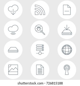 Vector Illustration Of 12 Web Icons. Editable Pack Of World, Bug, Wireless Network And Other Elements.