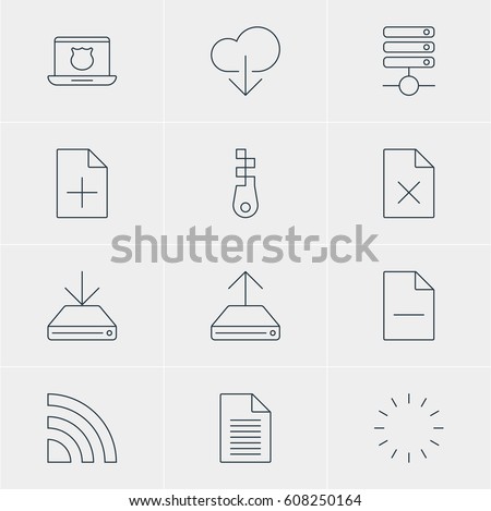 Vector Illustration Of 12 Web Icons. Editable Pack Of Server, Hdd Sync, Document Adding And Other Elements.