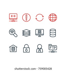 Vector Illustration Of 12 Web Outline Icons. Editable Set Of Database, Web, Synchronize And Other Elements.