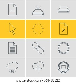 Vector Illustration Of 12 Web Outline Icons. Editable Set Of Pointer, Wave, Removing File And Other Elements.