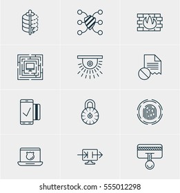 Vector Illustration Of 12 Web Safety Icons. Editable Pack Of Safety Key, Network Protection, Encoder And Other Elements.
