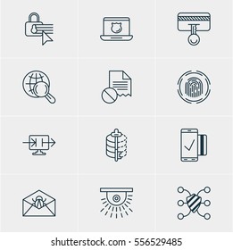 Vector Illustration Of 12 Web Safety Icons. Editable Pack Of Finger Identifier, Safety Key, Confidentiality Options And Other Elements.