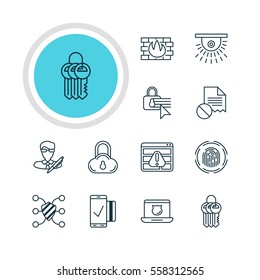 Vector Illustration Of 12 Web Safety Icons. Editable Pack Of Finger Identifier, Safeguard, Browser Warning And Other Elements.