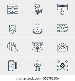 Vector Illustration Of 12 Web Safety Icons. Editable Pack Of Internet Surfing, Safe Storage, Key Collection And Other Elements.