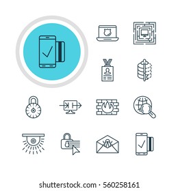 Vector Illustration Of 12 Web Safety Icons. Editable Pack Of System Security, Send Information, Corrupted Mail And Other Elements.