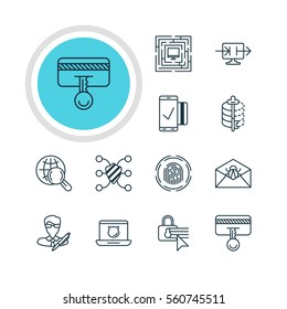 Vector Illustration Of 12 Web Safety Icons. Editable Pack Of Encoder, Send Information, Safety Key And Other Elements.