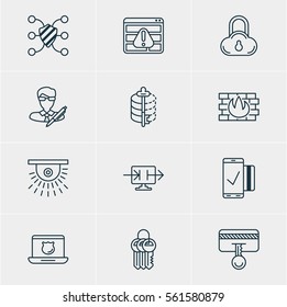 Vector Illustration Of 12 Web Safety Icons. Editable Pack Of Data Security, Safe Storage, Browser Warning And Other Elements.