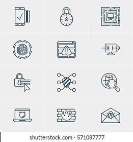 Vector Illustration Of 12 Web Safety Icons. Editable Pack Of Corrupted Mail, Browser Warning, Easy Payment And Other Elements.