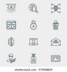 Vector Illustration Of 12 Web Safety Icons. Editable Pack Of Safeguard, Encoder, Corrupted Mail And Other Elements.