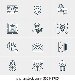 Vector Illustration Of 12 Web Safety Icons. Editable Pack Of Safe Lock, Key Collection, Corrupted Mail And Other Elements.