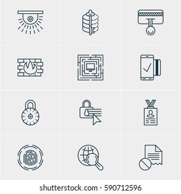 Vector Illustration Of 12 Web Safety Icons. Editable Pack Of Finger Identifier, Camera, Encoder And Other Elements.