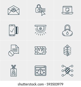 Vector Illustration Of 12 Web Safety Icons. Editable Pack Of Network Protection, Confidentiality Options, Data Security And Other Elements.