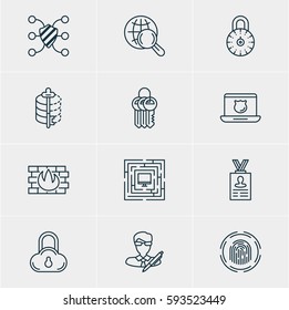 Vector Illustration Of 12 Web Safety Icons. Editable Pack Of Safe Storage, System Security, Network Protection And Other Elements.
