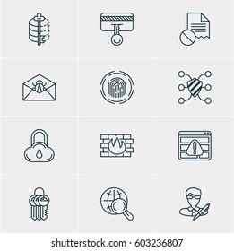 Vector Illustration Of 12 Web Safety Icons. Editable Pack Of Key Collection, Corrupted Mail, Copyright And Other Elements.