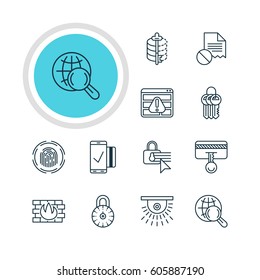 Vector Illustration Of 12 Web Safety Icons. Editable Pack Of Internet Surfing, Encoder, Finger Identifier And Other Elements.