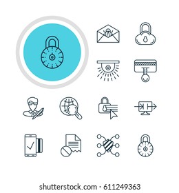 Vector Illustration Of 12 Web Safety Icons. Editable Pack Of Easy Payment, Internet Surfing, Safety Key And Other Elements.