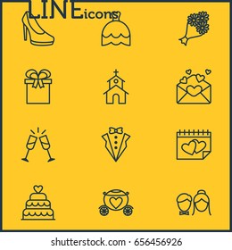 Vector Illustration Of 12 Wedding Icons. Editable Pack Of Calendar, Couple, Bridegroom Dress And Other Elements.