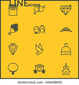Vector Illustration Of 12 Wedding Icons. Editable Pack Of Jewelry, Accessories, Brilliant And Other Elements.