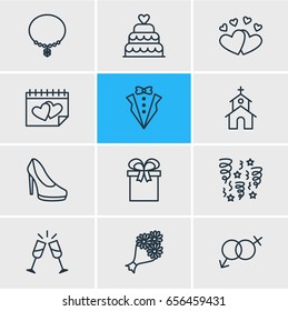 Vector Illustration Of 12 Wedding Icons. Editable Pack Of Wineglass, Patisserie, Love And Other Elements.