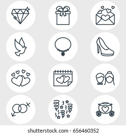 Vector Illustration Of 12 Wedding Icons. Editable Pack Of Love, Calendar, Sexuality Symbol And Other Elements.