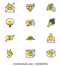Vector Illustration Of 12 Wedding Icons. Editable Pack Of Card, Jewelry, Sexuality Symbol And Other Elements.