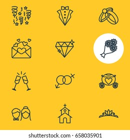 Vector Illustration Of 12 Wedding Icons. Editable Pack Of Chariot, Building, Accessories And Other Elements.