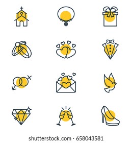 Vector Illustration Of 12 Wedding Icons. Editable Pack Of Engagement, Jewelry, Pigeon And Other Elements.