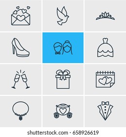Vector Illustration Of 12 Wedding Icons. Editable Pack Of Bridegroom Dress, Wineglass, Card And Other Elements.