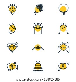 Vector Illustration Of 12 Wedding Icons. Editable Pack Of Accessories, Wineglass, Card And Other Elements.