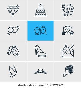 Vector Illustration Of 12 Wedding Icons. Editable Pack Of Bridal Bouquet, Brilliant, Chariot And Other Elements.