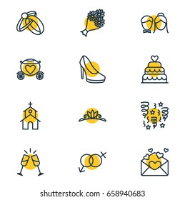 Vector Illustration Of 12 Wedding Icons. Editable Pack Of Sexuality Symbol, Decoration, Card And Other Elements.