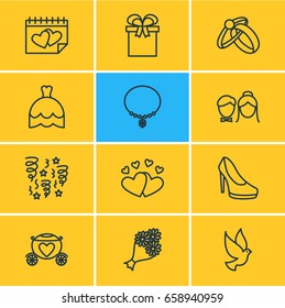 Vector Illustration Of 12 Wedding Icons. Editable Pack Of Chariot, Bridal Bouquet, Wedding Gown And Other Elements.