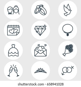 Vector Illustration Of 12 Wedding Icons. Editable Pack Of Couple, Wedding Gown, Brilliant And Other Elements.