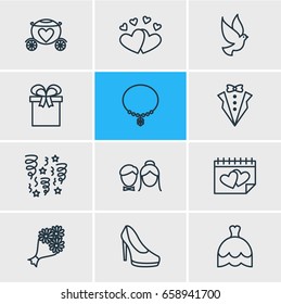 Vector Illustration Of 12 Wedding Icons. Editable Pack Of Sandal, Bridegroom Dress, Present Elements.