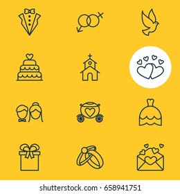 Vector Illustration Of 12 Wedding Icons. Editable Pack Of Sexuality Symbol, Wedding Gown, Pigeon And Other Elements.