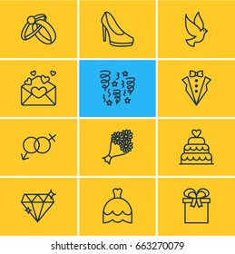 Vector Illustration Of 12 Wedding Icons. Editable Pack Of Bridal Bouquet, Pigeon, Bridegroom Dress And Other Elements.