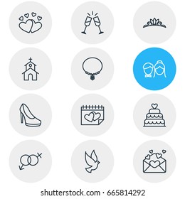 Vector Illustration Of 12 Wedding Icons. Editable Pack Of Love, Sexuality Symbol, Accessories And Other Elements.