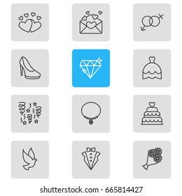 Vector Illustration Of 12 Wedding Icons. Editable Pack Of Pigeon, Wedding Gown, Sandal Elements.