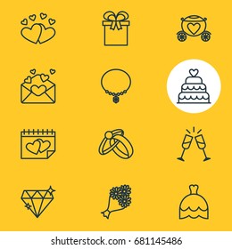 Vector Illustration Of 12 Wedding Icons. Editable Pack Of Jewelry, Present, Chariot And Other Elements.