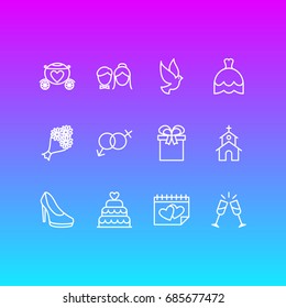 Vector Illustration Of 12 Wedding Icons. Editable Pack Of Present, Calendar, Wedding Gown And Other Elements.