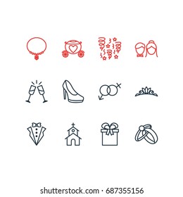 Vector Illustration Of 12 Wedding Icons. Editable Pack Of Wineglass, Present, Sexuality Symbol And Other Elements.