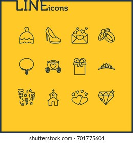Vector Illustration Of 12 Wedding Icons. Editable Pack Of Engagement, Building, Love And Other Elements.