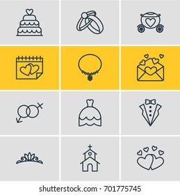 Vector Illustration Of 12 Wedding Icons. Editable Pack Of Chariot, Accessories, Love And Other Elements.