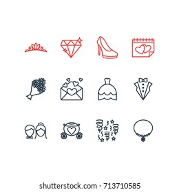 Vector Illustration Of 12 Wedding Icons. Editable Pack Of Jewelry, Chariot, Sandal Elements.