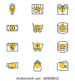 Vector Illustration Of 12 Wholesale Icons. Editable Pack Of Clef, Buy, Pocketbook And Other Elements.