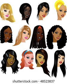 Vector Illustration of 12 Women Faces 3. Great for avatars, makeup, skin tones or hair styles of women.