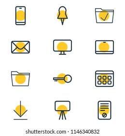 Vector illustration of 12 workplace icons line style. Editable set of monitor, tablet, folder and other icon elements.